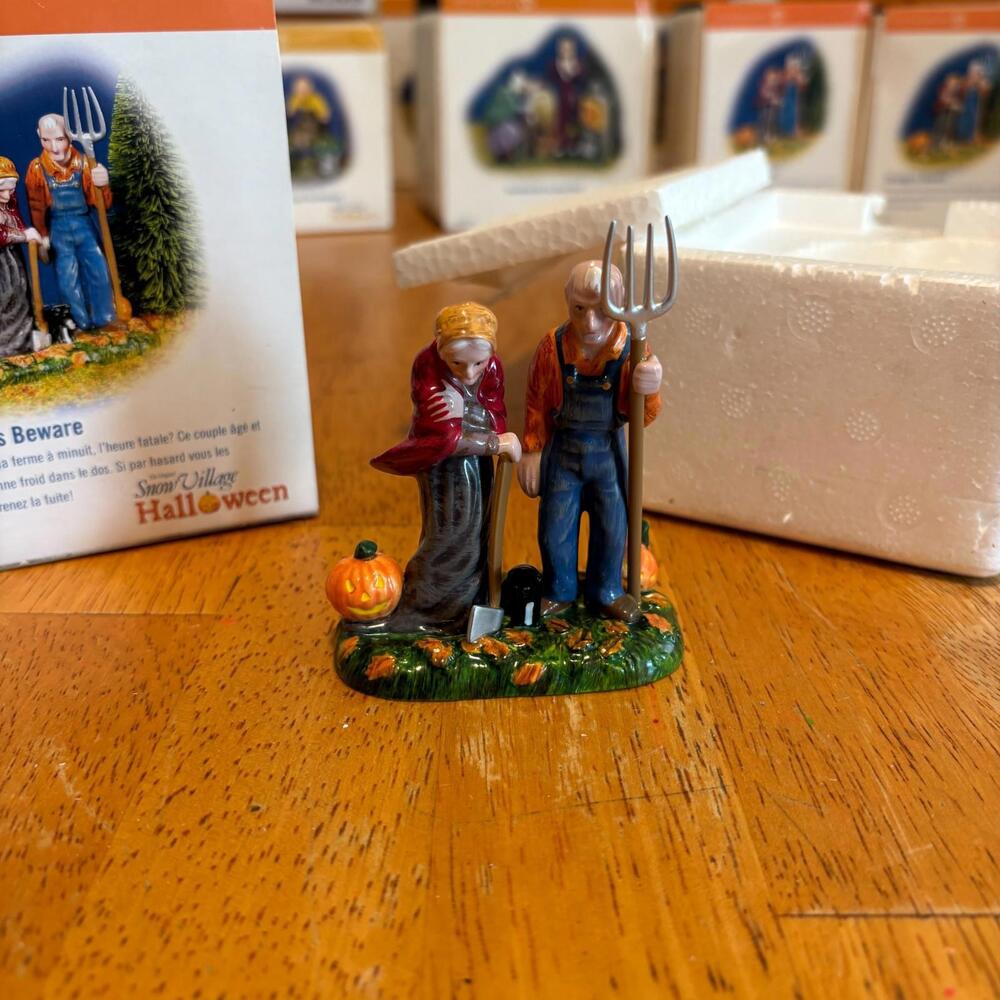 Vintage Halloween Village Strangers Beware Figurine Spooky Farmer Gothic NIB